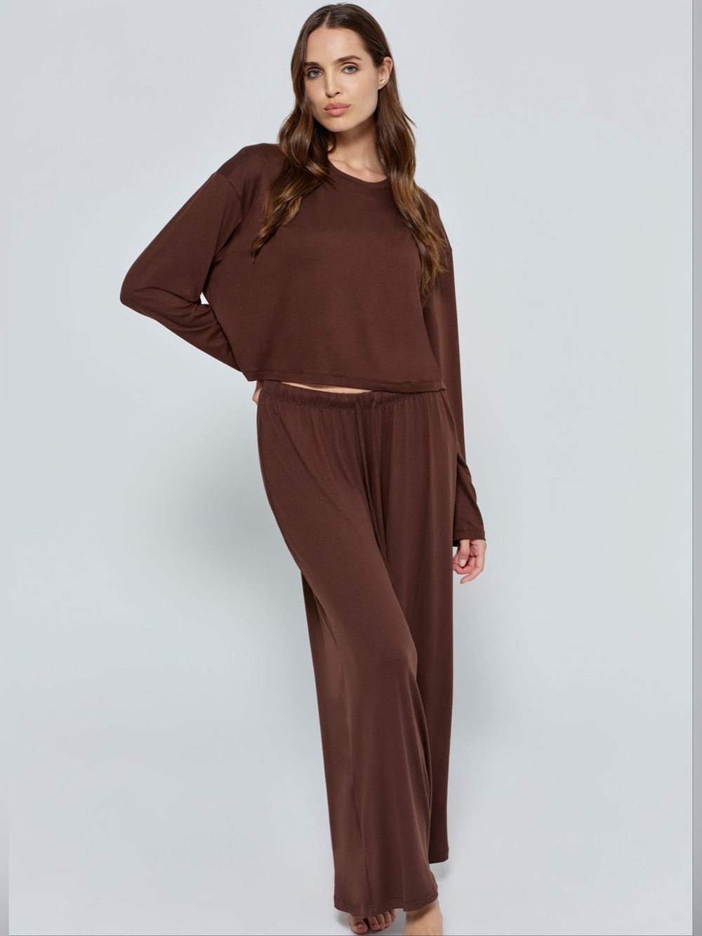 NWT BUMPSUIT The Cloud Pant & Long Sleeve Crop Tee Set Medium in Chocolate Brown